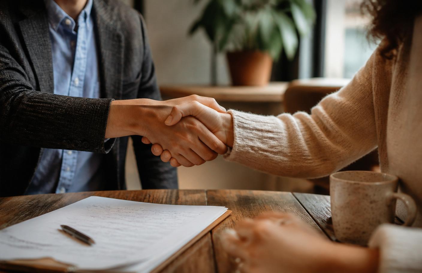 Two people shaking hands across a wooden table with documents.