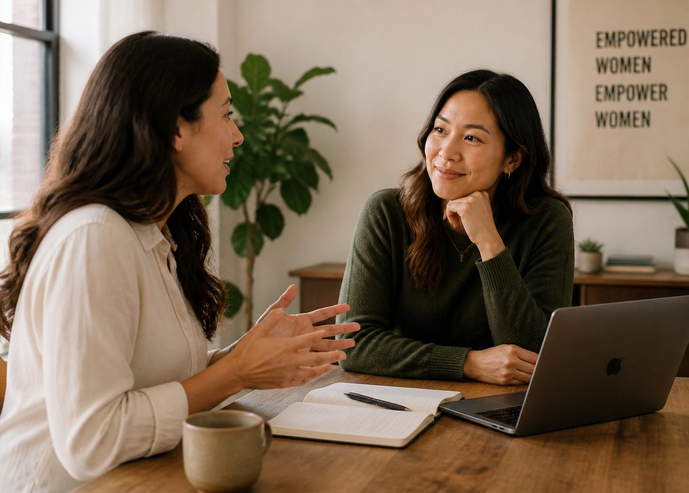 Two women in conversation over a laptop and open notebook.