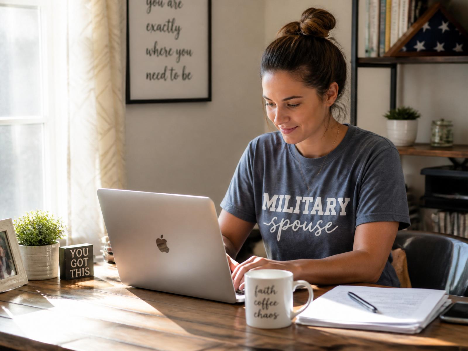 A military spouse working from a home office.